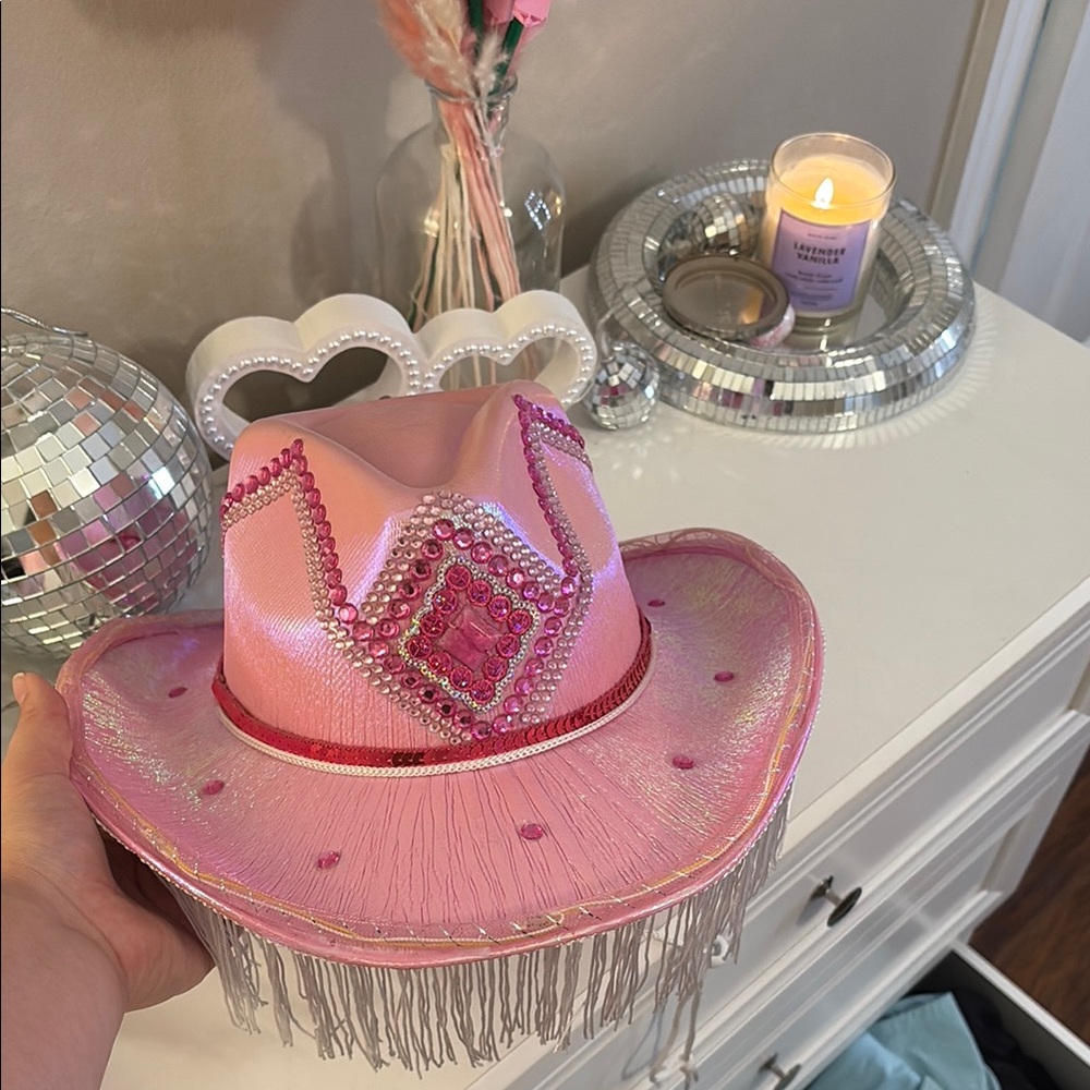 Pink Hand Beaded, Light Up Cowboy Hat with Fringe